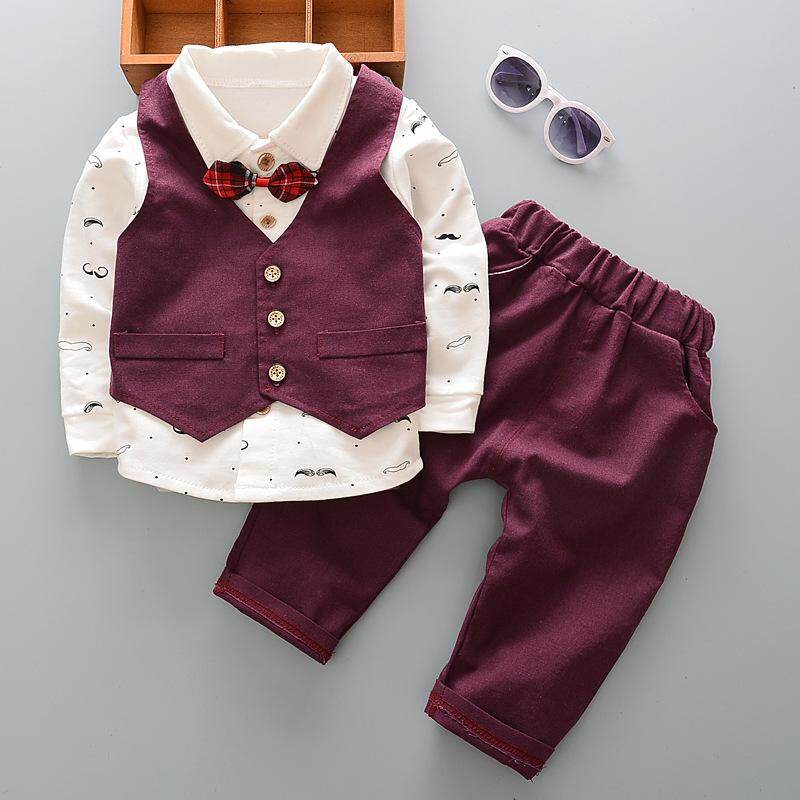DIIMUU Toddler Baby Boy Clothing Gentlemen Suits Kids Children Boys Clothes Wedding Party Red Bow Tie British Style Set Fit 1-5Y