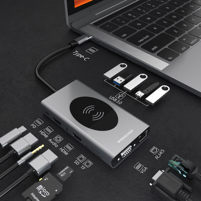 WEINICHOI 14 in 1 Docking Station USB Type C HUB To HDMI-Compatible Adapter OTG Vga RJ45 Lan Multi USB PD 3.0 USB-C for MacBook Pro Air 4KSplitter